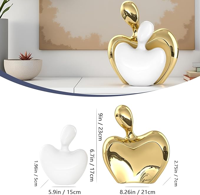 White and gold ceramic hugging couple figurine, front view with size illustration
