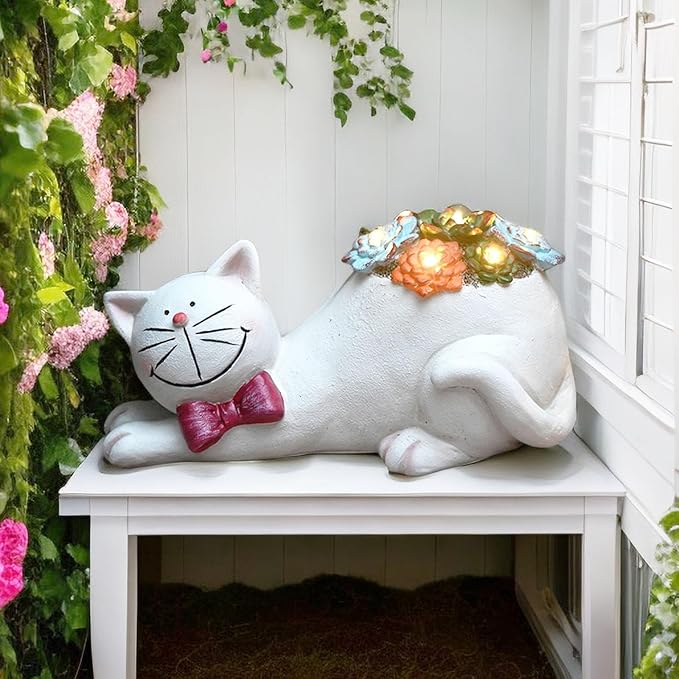Cat Solar Garden Statue with Succulent and LED Lights - Waterproof Resin Outdoor Decor