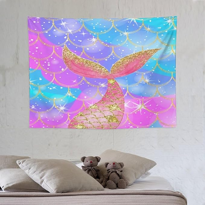 Mermaid Scales Wall Tapestry – 40" x 30" Colourful Shiny Mermaid Tail Pattern | Compact Entry Size | Wall Hanging | Bedroom Dorm Kids Room