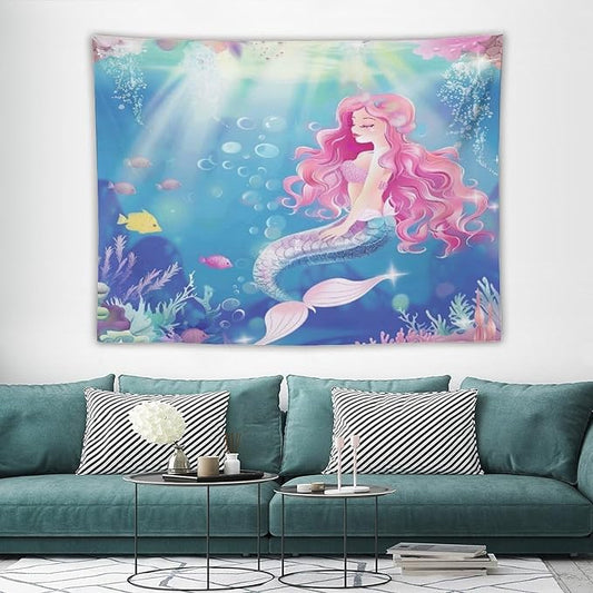 Mermaid Princess Pink Hair Wall Tapestry – 80" x 60" Watercolour | Large Girls Bedroom Decor | Wall Hanging | Dorm Living Room Kids Room