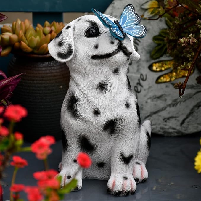 Dalmatian Solar Garden Statue with LED Light - Black and White Resin Outdoor Decor
