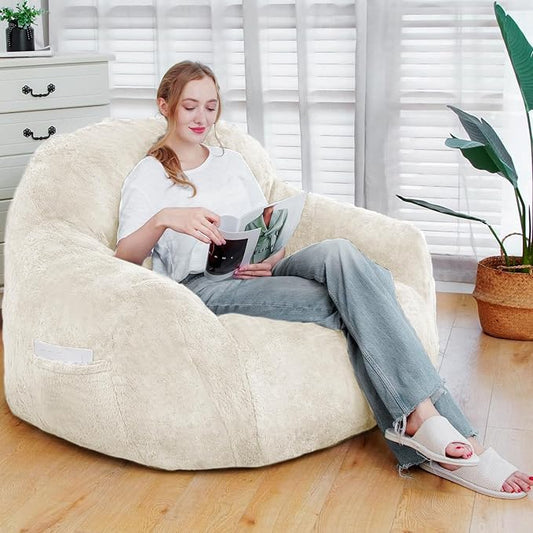 Oversized Cream Plush Faux Fur Memory Foam Bean Bag Chair with Armrests - Giant Cloud Lounge Chair for Adults