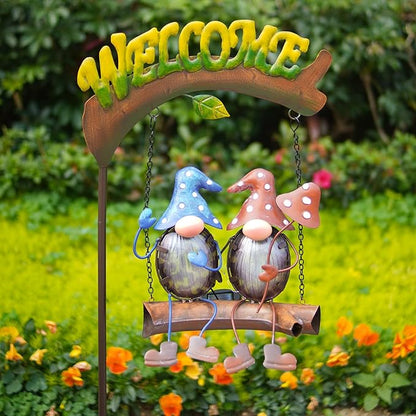 Lit solar gnome swing lights with two gnomes and Welcome arch for outdoor yard