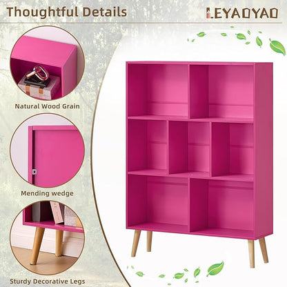Pink 7-Cube Criss-Cross Bookshelf with Legs - Narrow 3-Tier Laminated Open Bookcase for Nursery and Small Spaces