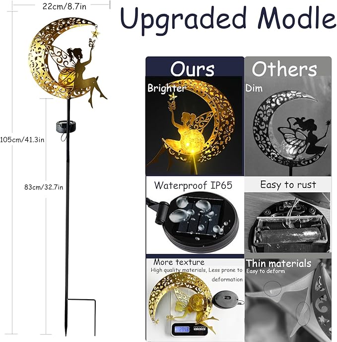 Gold crescent moon angel solar yard decor on a tall stake, illustrated view