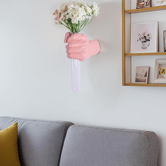 Pink Hand Wall Vase Sculpture - Modern Resin Wall Art with Test Tube Vase for Flowers, Plants, and Decorative Branches