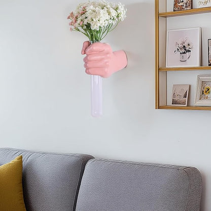 Pink Hand Wall Vase Sculpture - Modern Resin Wall Art with Test Tube Vase for Flowers, Plants, and Decorative Branches