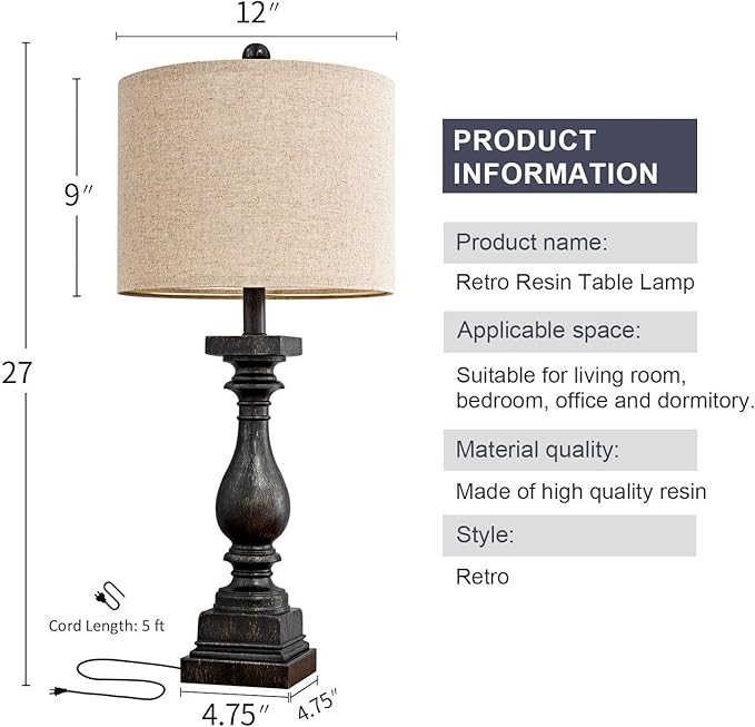 Retro table lamp product information with dimensions and dark resin base