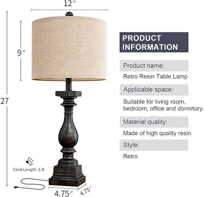 Retro table lamp product information with dimensions and dark resin base