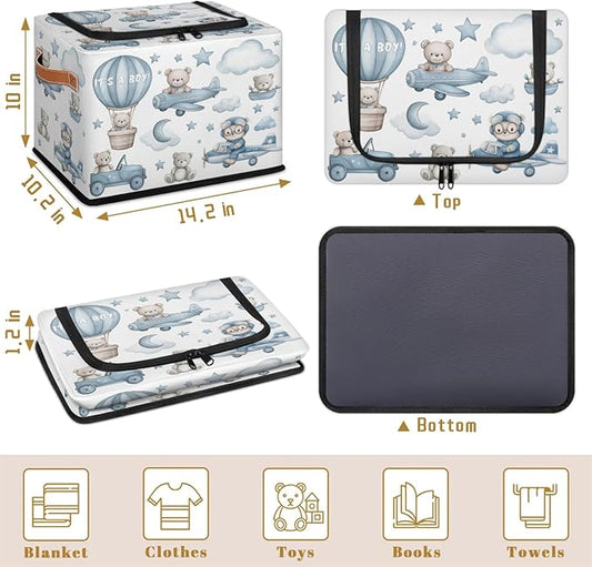 Rectangular storage basket with blue bear-and-plane print, top view and dark mesh bottom panel