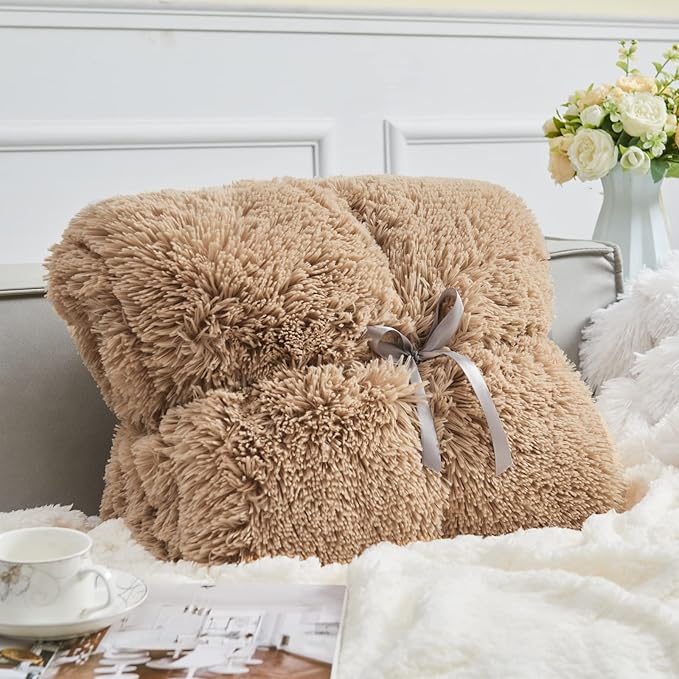 Brown Shaggy Faux Fur Queen Blanket – 90"x90" | 1.5" Deep Plush Pile | Warm Earthy Couch Throw for Queen Beds, Sofas & Hygge Living