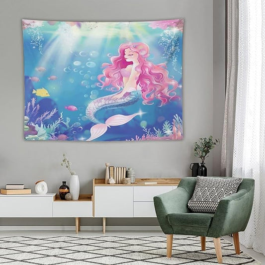 Mermaid Princess Pink Hair Wall Tapestry – 80" x 60" Watercolour | Large Girls Bedroom Decor | Wall Hanging | Dorm Living Room Kids Room