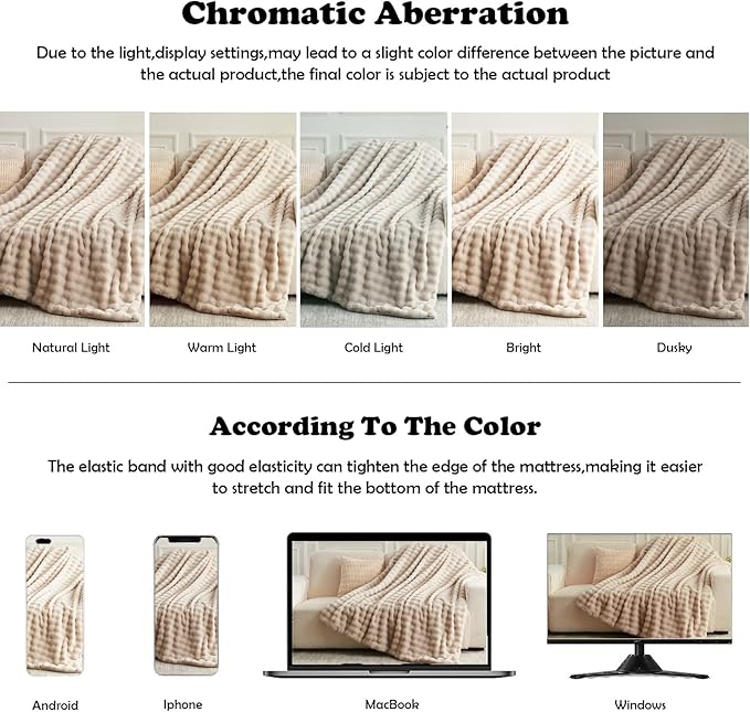 Linen Bubble Faux Fur Queen Blanket – 90"x90" | 550GSM Reversible Plush Rabbit Fluff | Natural Organic Bubble Pattern Throw for Bed & Sofa