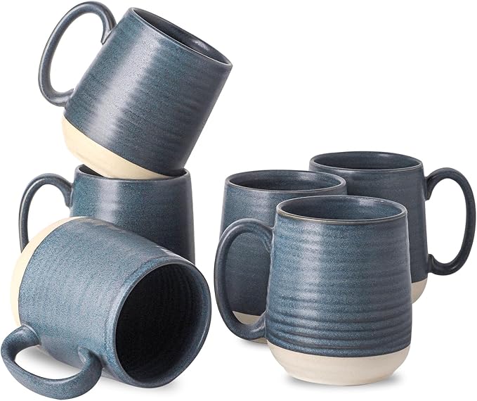 Dark Blue Porcelain Coffee Mugs – Set of 6 | 15oz Vintage Two-Tone Glaze | Freezer, Dishwasher & Microwave Safe | Coffee Gift Set