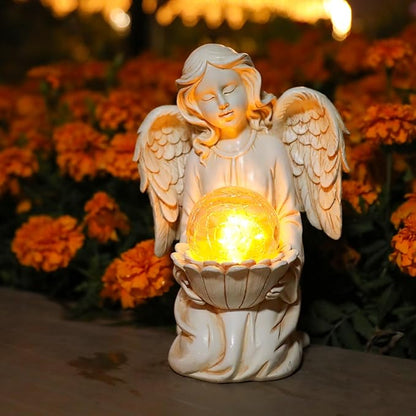Solar Angel Garden Statue Holding Lotus with Crackle Glass Globe - UV-Resistant Resin Outdoor Decor
