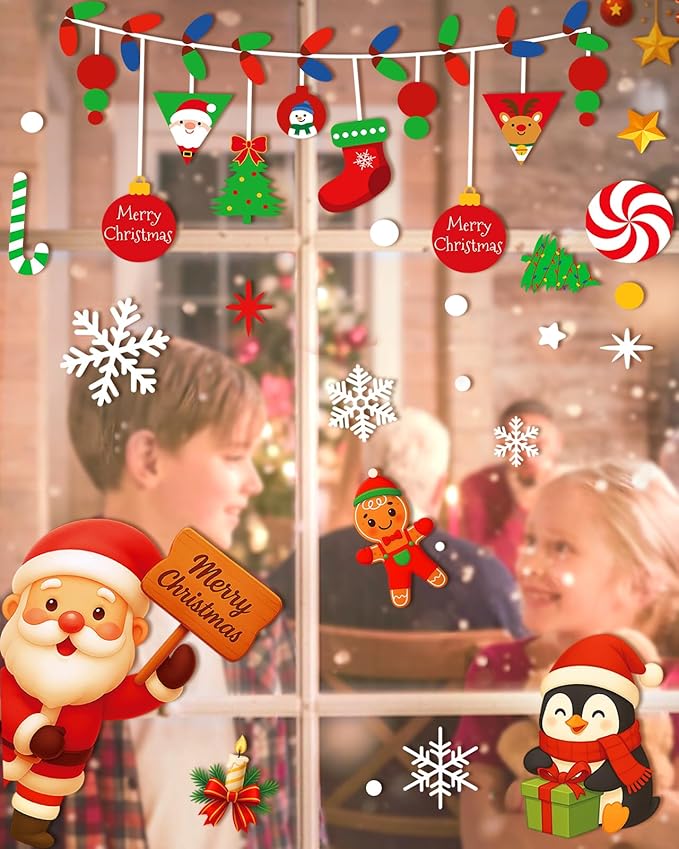 Christmas window cling stickers with Santa, gingerbread, snowflakes, and candy cane on window