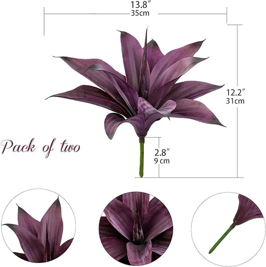 Purple faux agave plant pair with layered maroon leaves on green stems.
