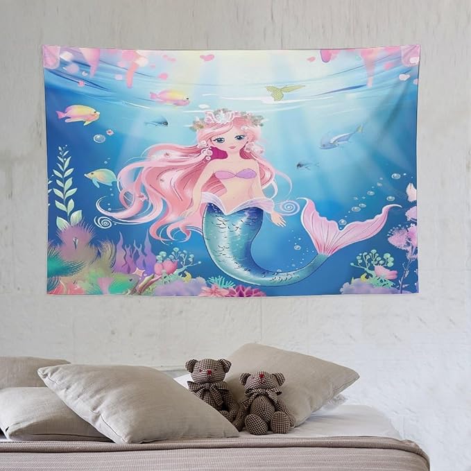 Mermaid Princess Wall Tapestry – 60" x 40" Watercolour Girls Bedroom Decor | Wall Hanging | Dorm Living Room | Baby Shower Gift
