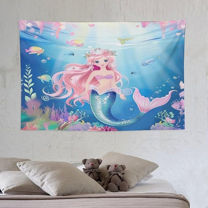 Mermaid Princess Wall Tapestry – 60" x 40" Watercolour Girls Bedroom Decor | Wall Hanging | Dorm Living Room | Baby Shower Gift