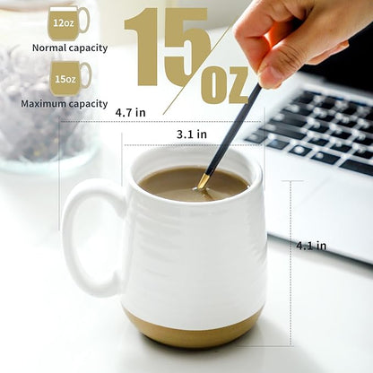 Classic White Ceramic Coffee Mugs – Set of 6 | 15oz Two-Tone Matte & Gloss Finish | Dishwasher & Microwave Safe | Coffee Gift Set