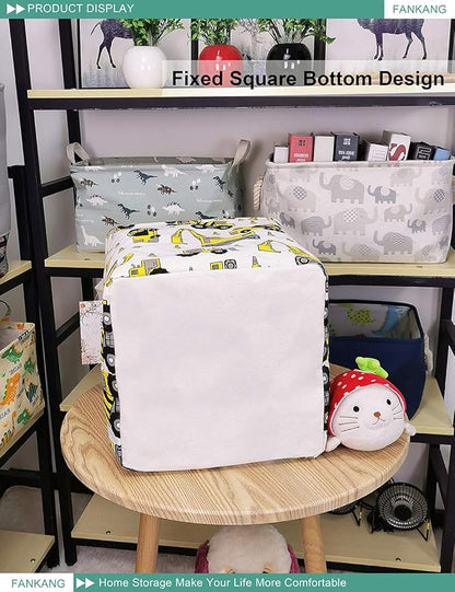 Construction Vehicles Canvas Storage Hamper Basket - Foldable Waterproof Digger Bin for Boys Room, Toy Storage, and Kids Gifts