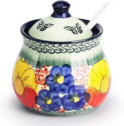 silesia Handmade Sugar Bowl with Lid and Spoon, 9 Ounce Ceramic Hand-Painted Sugar Jar for Home in Gift Box, Kitchen Decor, Oven, Dishwasher & Microwave Safe, Glazed Green