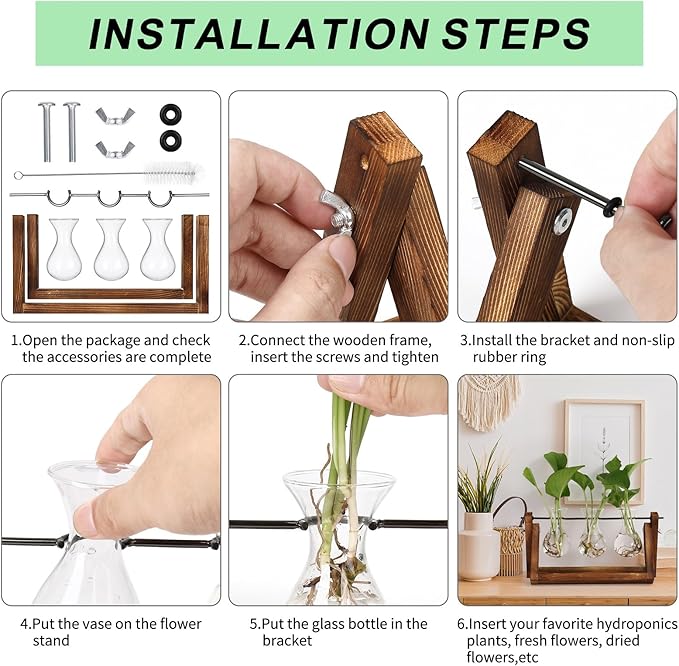 Brown wood and metal stand with 3 clear bulb vases for plant propagation setup steps