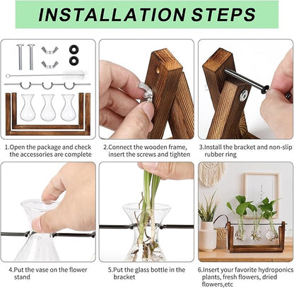 Brown wood and metal stand with 3 clear bulb vases for plant propagation setup steps