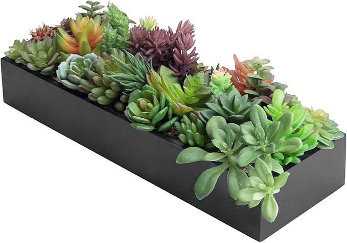 Black wood planter faux succulents centerpiece with mixed green and purple rosettes