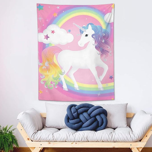 Rainbow unicorn tapestry with multicolor mane, stars, and white cloud on pink