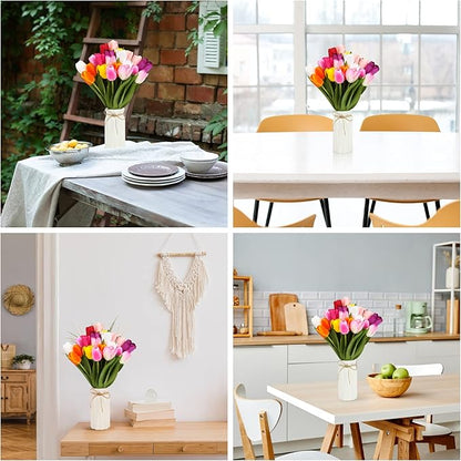 Artificial tulip bouquet with multicolor blooms in white vase for dining table decor