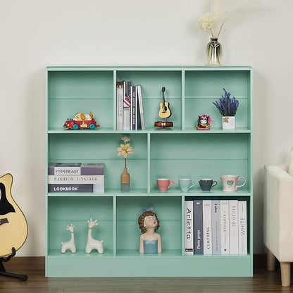Mint green 8-cube bookshelf with open shelves for books, figurines, and decor