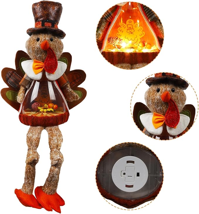 Light-up plush turkey doll with top hat, glowing orange chest; battery compartment shown