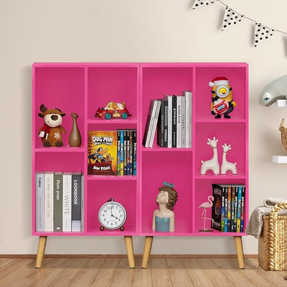 Pink 8-Cube Criss-Cross Bookshelf with Legs - 3-Tier Frosted Modern Open Bookcase for Nursery and Bedroom