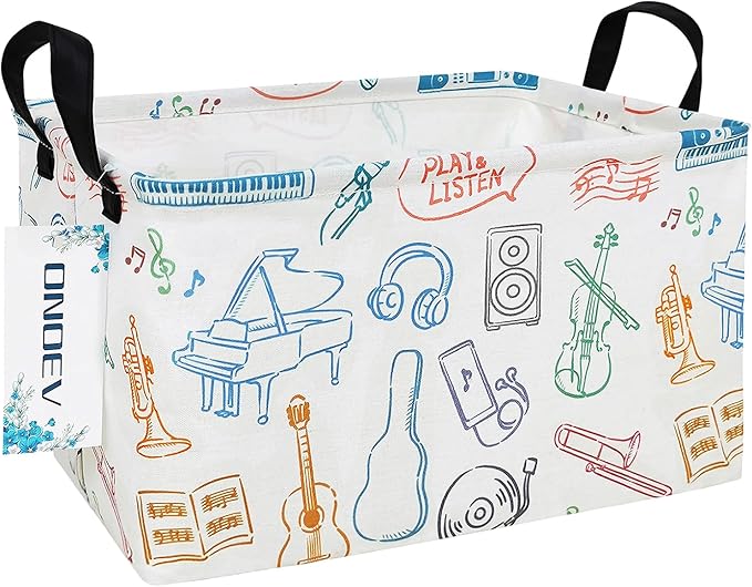 Musical Instruments Canvas Storage Hamper Basket - Foldable Waterproof Music Lover Bin for Kids Room, Music Room, and Gift Hampers