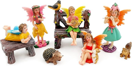 Set of 10 Fairy Garden Figurines with Forest Animals and Benches - Resin Outdoor Decor