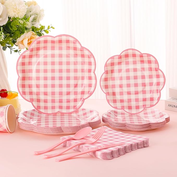 Pink gingham cloud-shaped plates, cups, and cutlery set for outdoor picnics