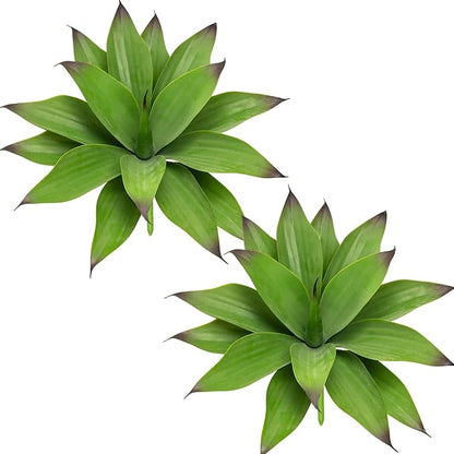 Two dark green faux agave plants with fan-shaped spiky leaves, separated