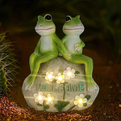 Frog Couple Solar Garden Statue with LED Flowers and Welcome Sign