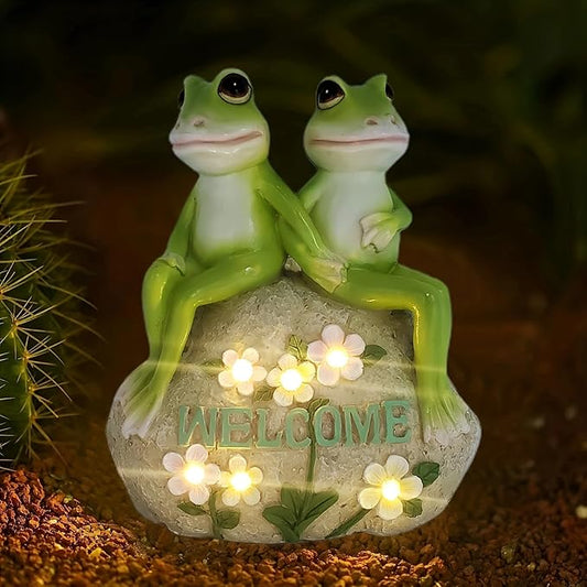 Frog Couple Solar Garden Statue with LED Flowers and Welcome Sign