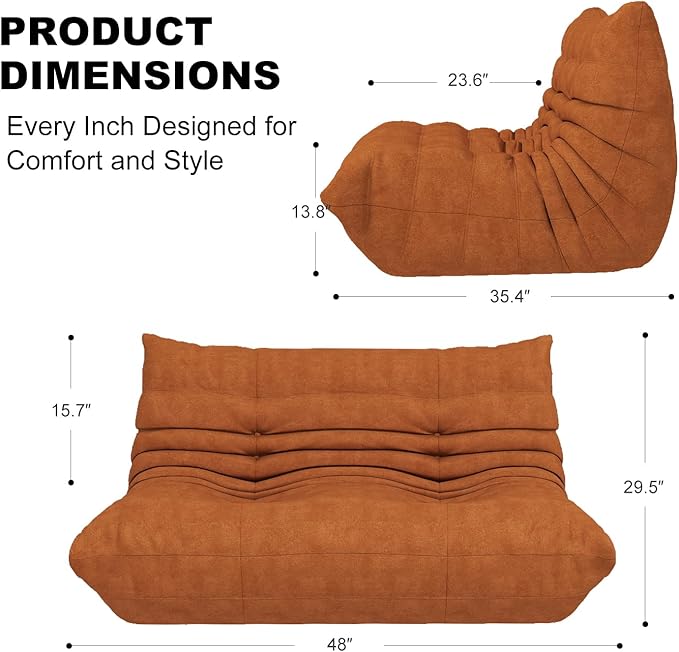 Amber Orange Ripple Loveseat Floor Sofa - Togo-Style Foam Lounge Sofa for Bold Living Rooms, Boho Interiors, and Family Moments Worth Remembering