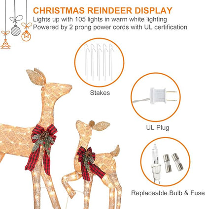 2 lighted warm-white reindeer with red plaid bows, included stakes and plug set
