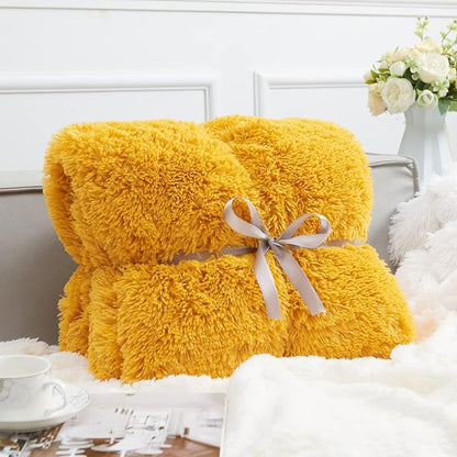 Mustard Yellow Shaggy Faux Fur Queen Blanket – 90"x90" | 1.5" Deep Plush Pile | Bold Boho Throw for Queen Beds, Sofas & Autumnal Interiors