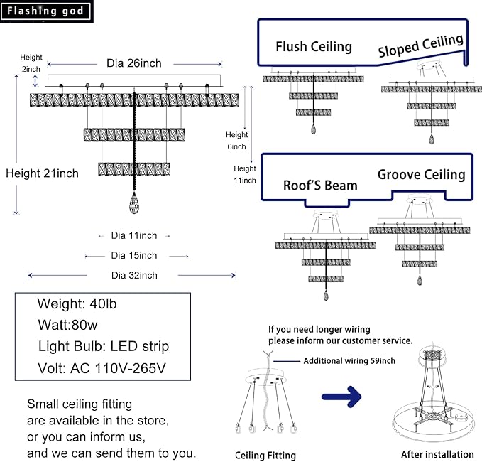 Flush mount chandelier diagram with dimensions, ceiling types, and wiring notes