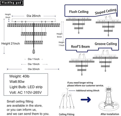 Flush mount chandelier diagram with dimensions, ceiling types, and wiring notes