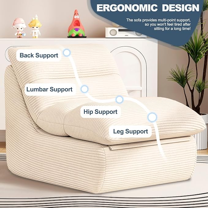 Cream Corduroy Ergonomic Floor Lounge Chair - Structured Memory Foam Seat with Lumbar Support for Nursing, Reading, and Modern Interiors