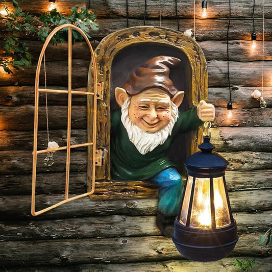 Solar lantern gnome statue with arched window frame, holding glowing outdoor light