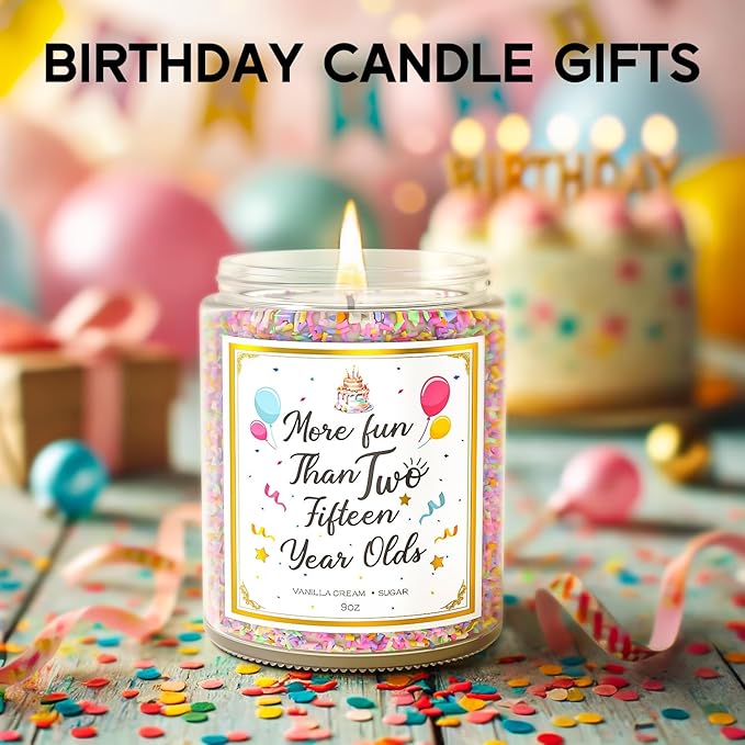 9 oz birthday candle jar with gold lid, flame lit, colorful confetti sprinkle border