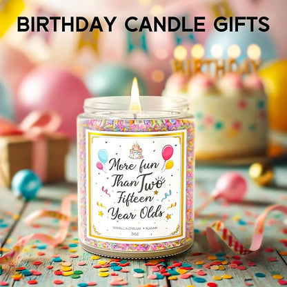9 oz birthday candle jar with gold lid, flame lit, colorful confetti sprinkle border