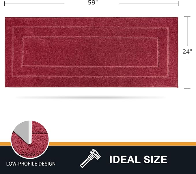 Burgundy red entryway runner rug, 24 x 59 in, rectangular border low-profile loop pile